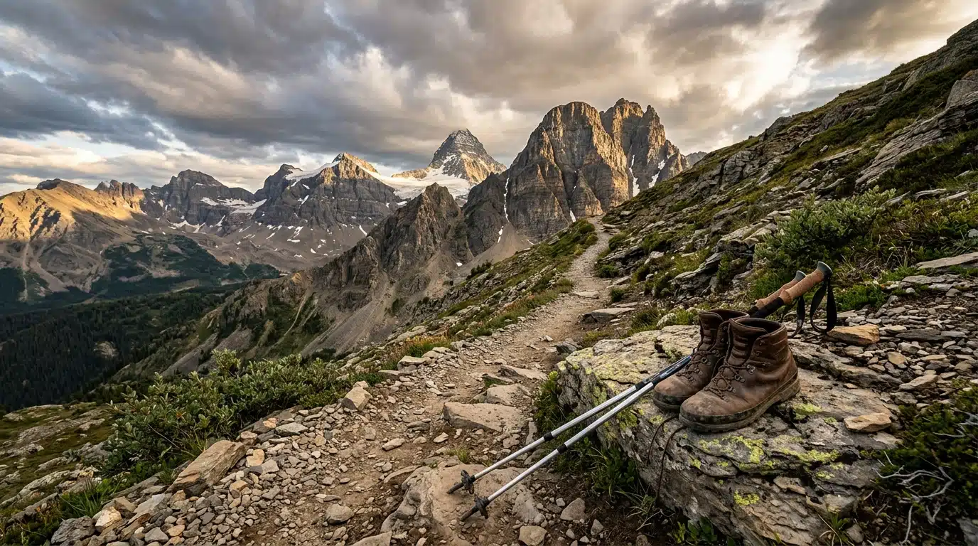 Sentier de montagne rocailleux menant vers un sommet sous des nuages dramatiques