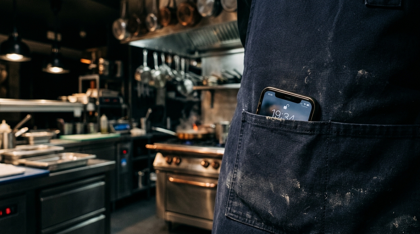Téléphone portable dissimulé dans une poche de tablier de cuisine pour enregistrer discrètement