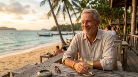 Retraité français souriant sur une terrasse face à la mer en Thaïlande