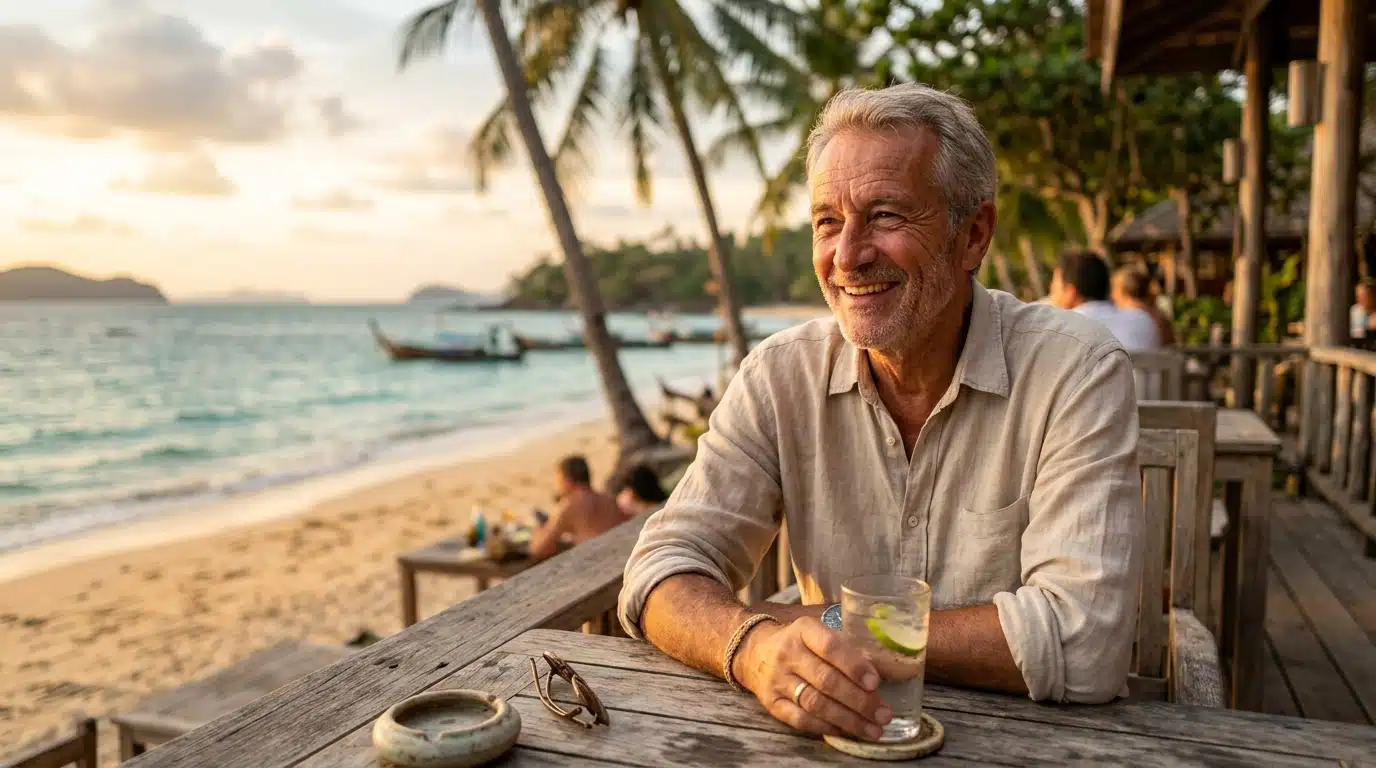 Retraité français souriant sur une terrasse face à la mer en Thaïlande