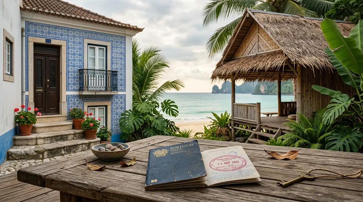 Passeport et visa posés sur une table près de plantes tropicales