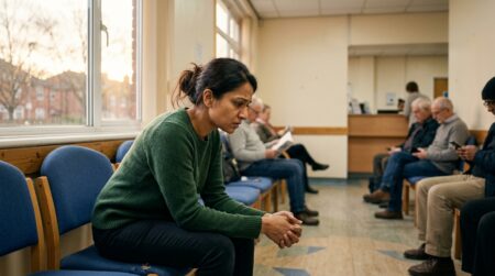 Femme inquiète en salle d'attente chez le médecin