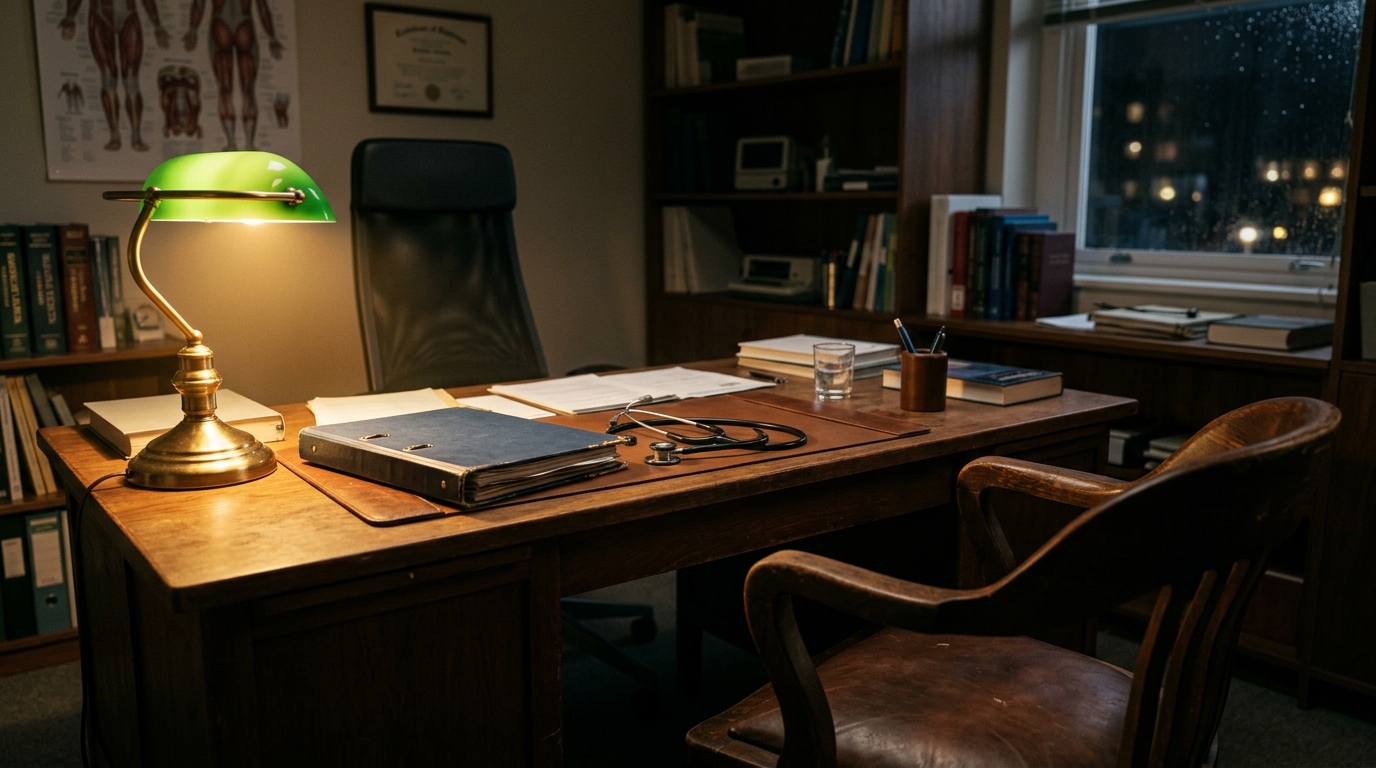 Bureau de médecin avec dossier médical fermé