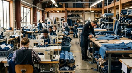 Atelier de confection avec machines à coudre et jeans bruts