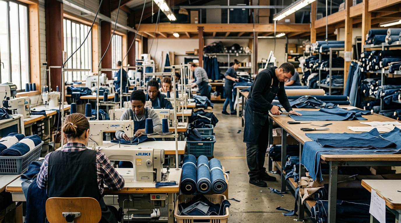 Atelier de confection avec machines à coudre et jeans bruts
