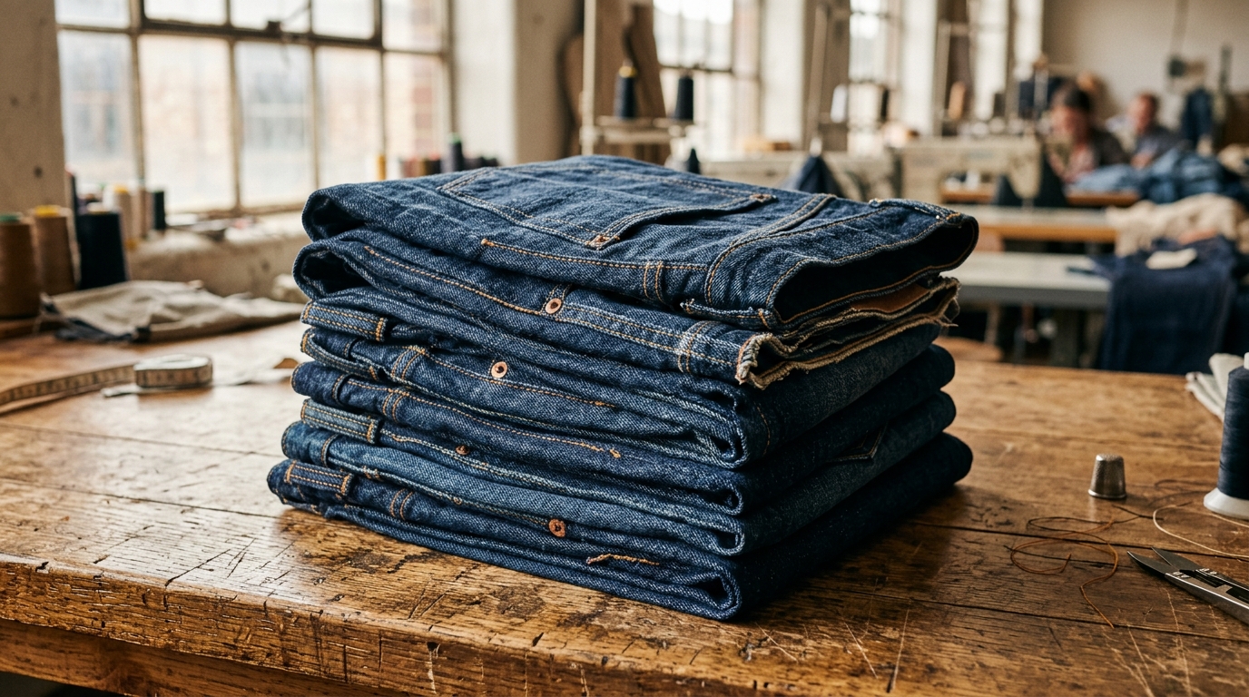 Pile de jeans bruts en denim sur table d'atelier