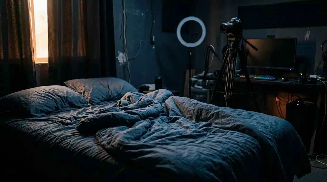 Lit vide dans une pièce de streaming improvisée