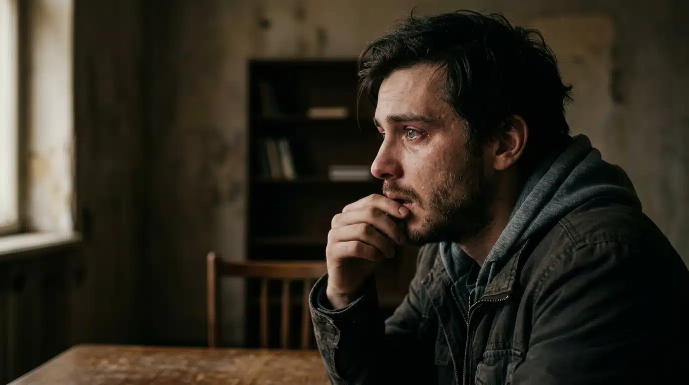 Visage d'un homme anonyme, expression bouleversée