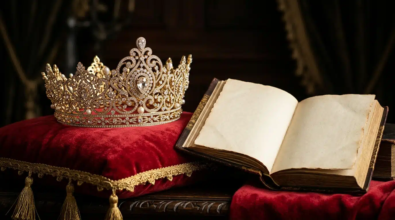 Couronne de concours de beauté posée sur un coussin de velours rouge à côté d'un livre ouvert