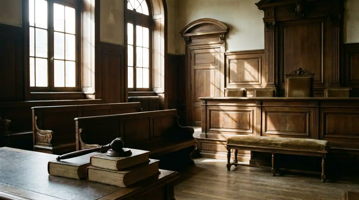 Marteau de juge posé sur un banc de bois dans une salle d'audience française