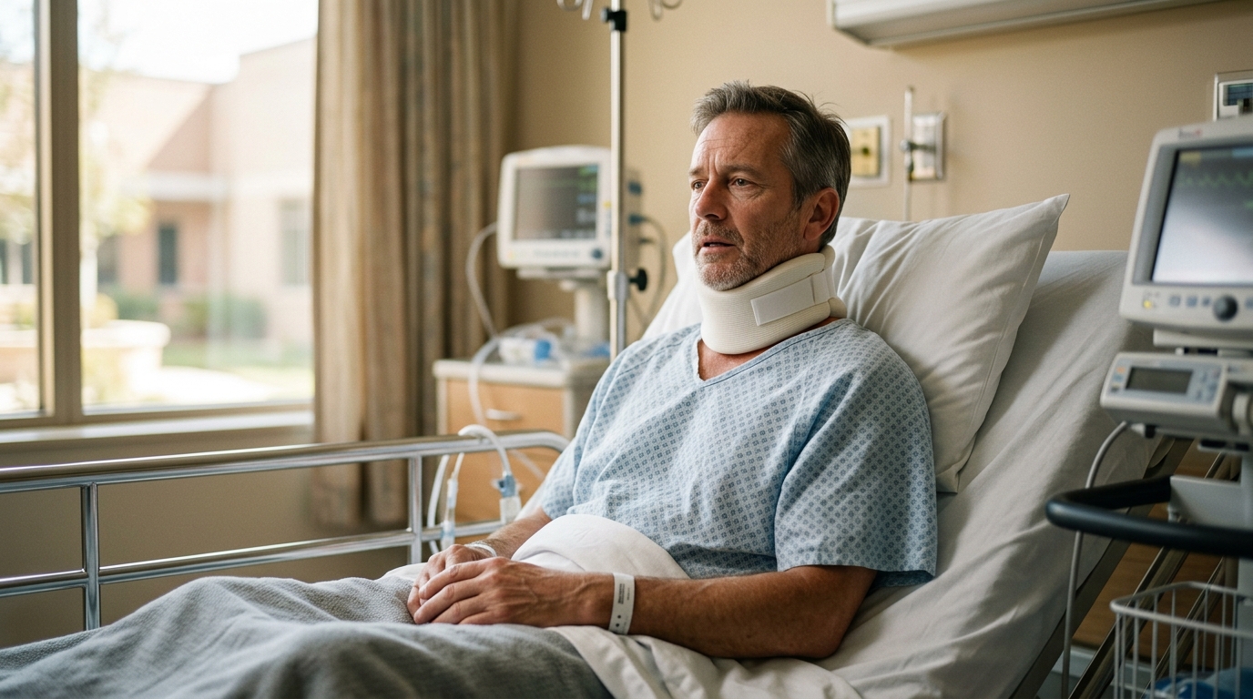 Homme convalescent avec minerve dans une chambre d'hôpital