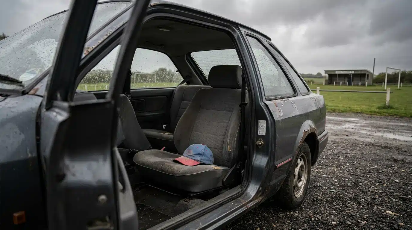 Casquette bleue d'enfant posée sur le siège d'une voiture vide