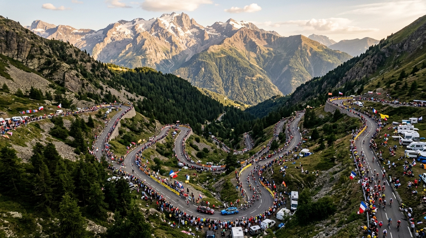 Virages mythiques d'une montée alpine bordée de spectateurs