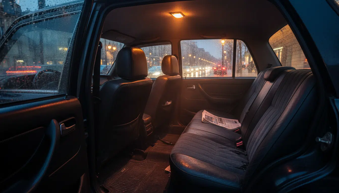 Intérieur d'un taxi parisien au crépuscule, siège arrière vide, ambiance tendue