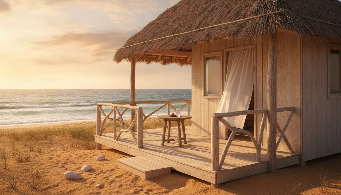 Bungalow de plage au soleil couchant, verre d'eau sur la terrasse en bois, ambiance émouvante