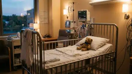 Lit d'hôpital vide avec peluche et matériel médical