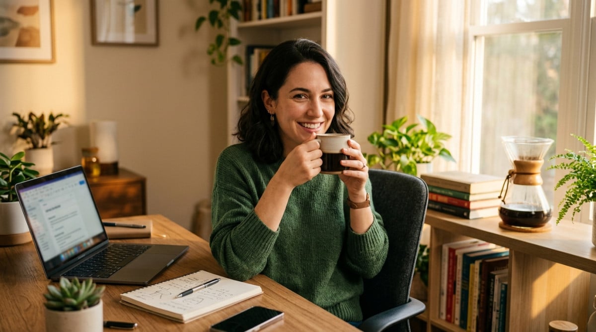 Jeune femme au bureau avec une tasse de café filtre