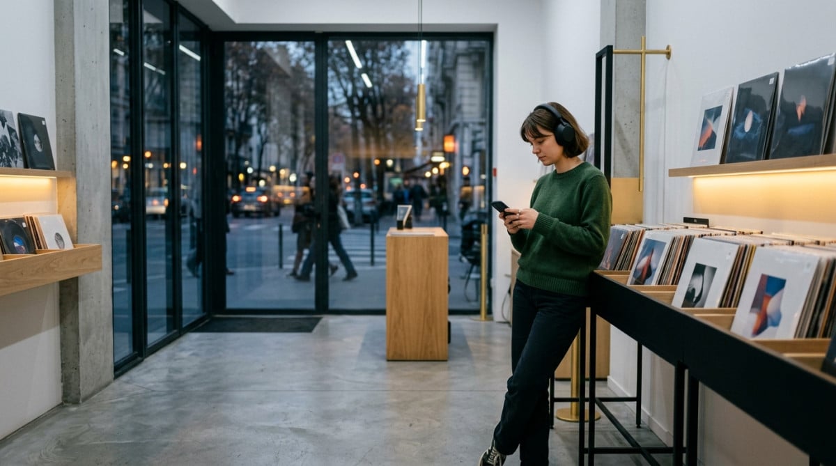 Jeune femme au casque dans un magasin de disques moderne