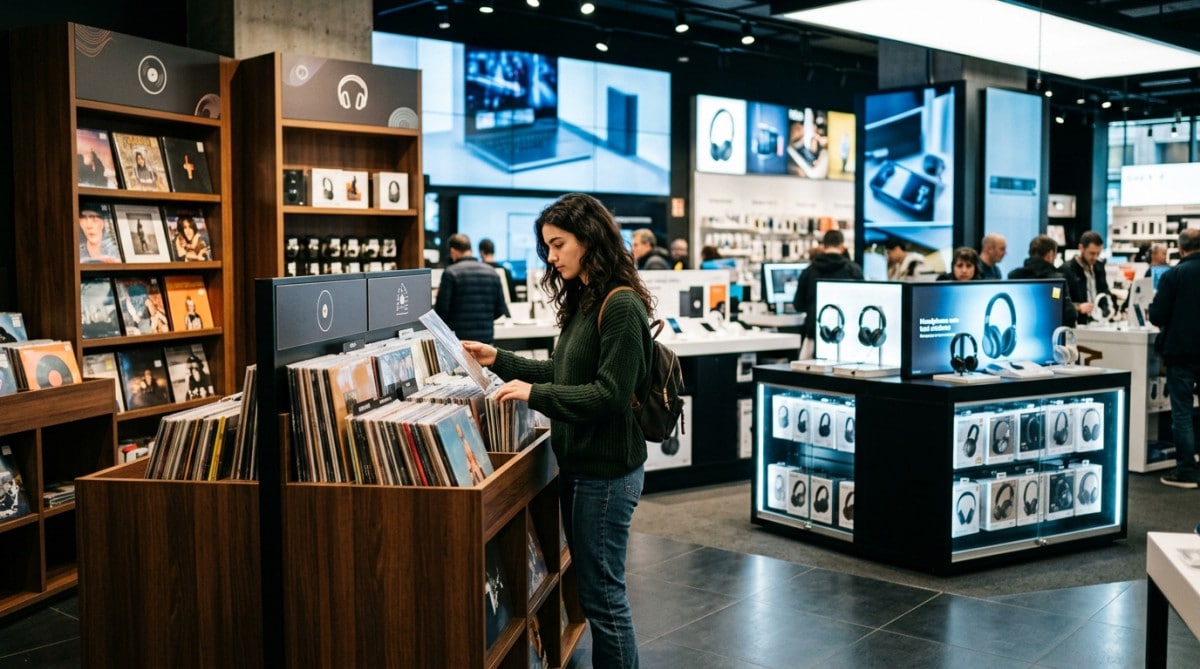 Jeune femme devant un petit rayon vinyles moderne