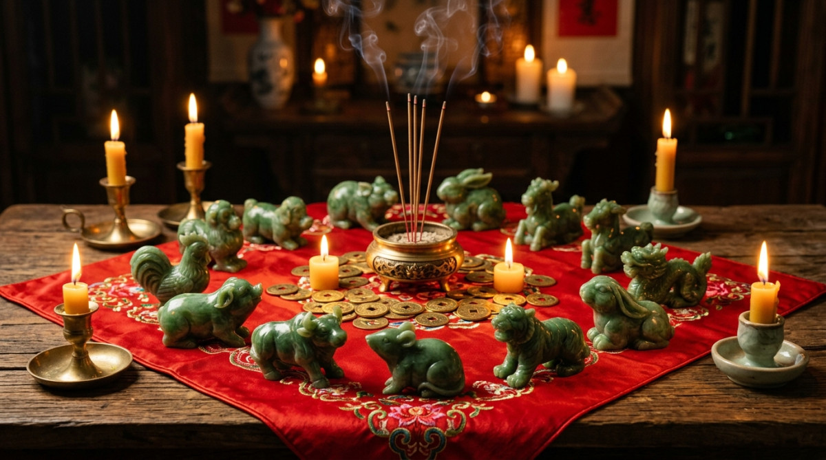 Jeune femme émerveillée contemplant les silhouettes lumineuses des animaux du zodiaque chinois au crépuscule