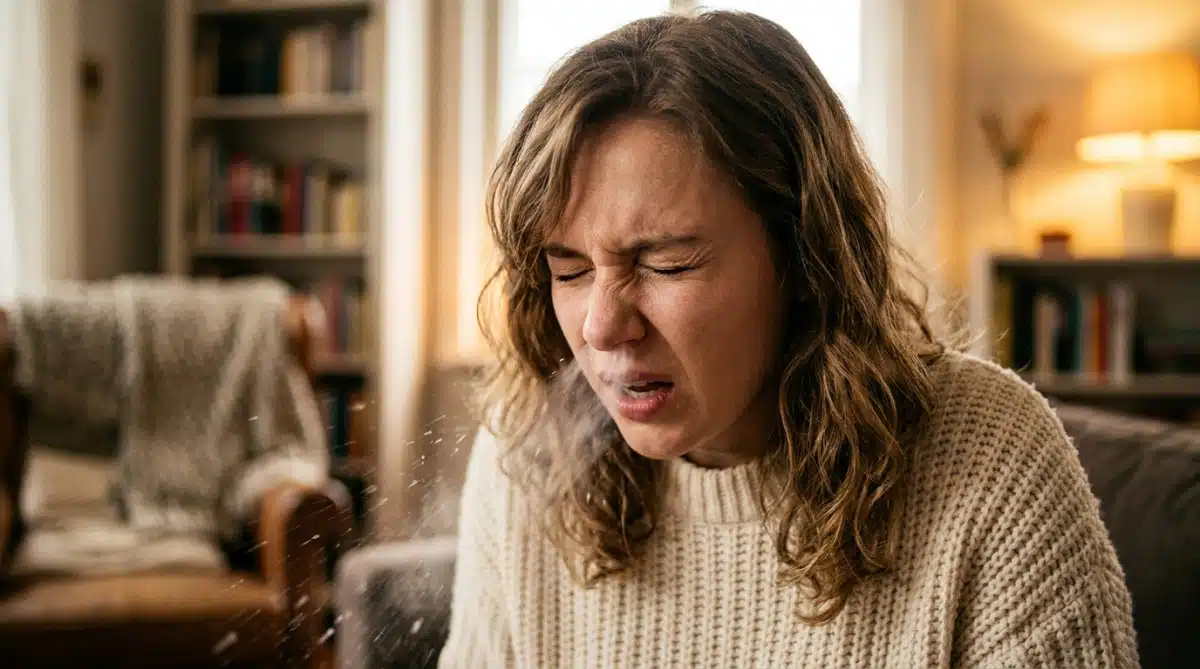 Jeune femme en plein éternuement avec particules d'air visibles