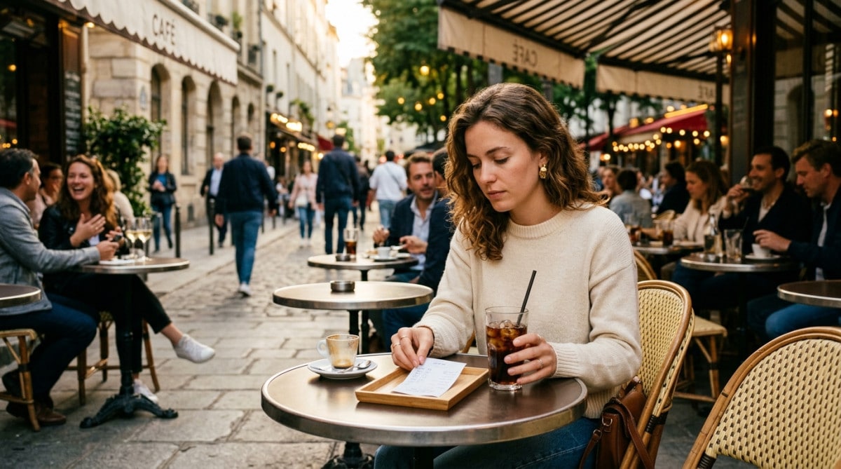 Jeune femme regardant l'addition d'un Coca au bar