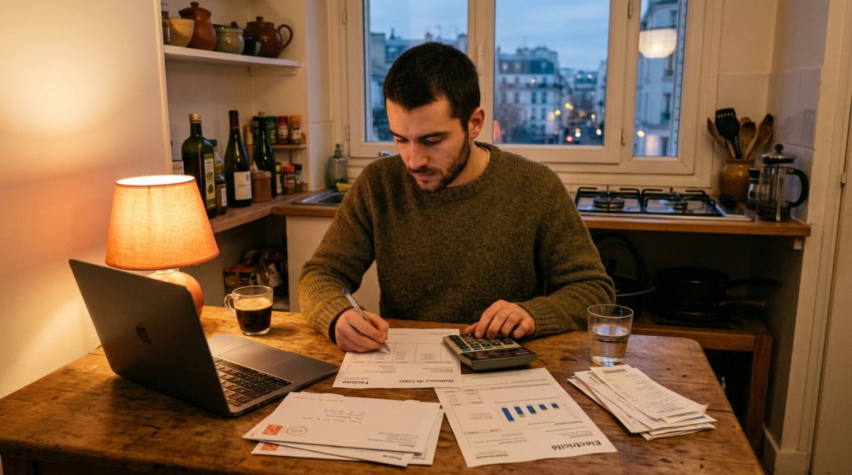 Jeune homme vérifiant ses factures et son loyer