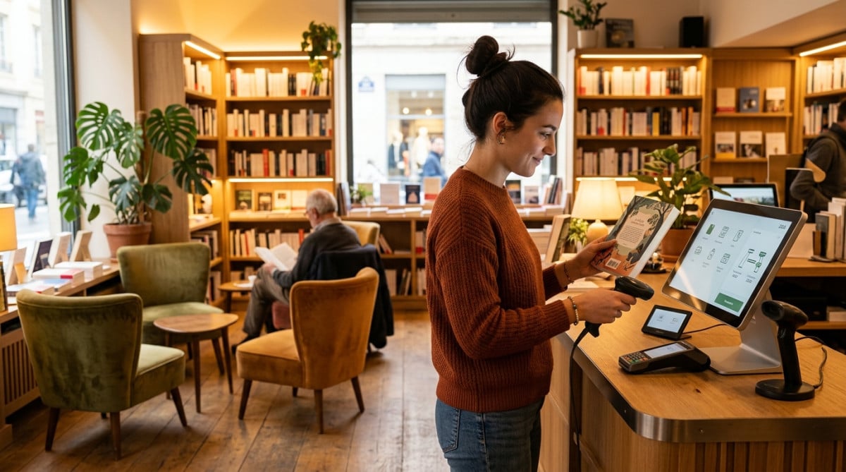 Jeune libraire scannant un livre sur une caisse tactile moderne
