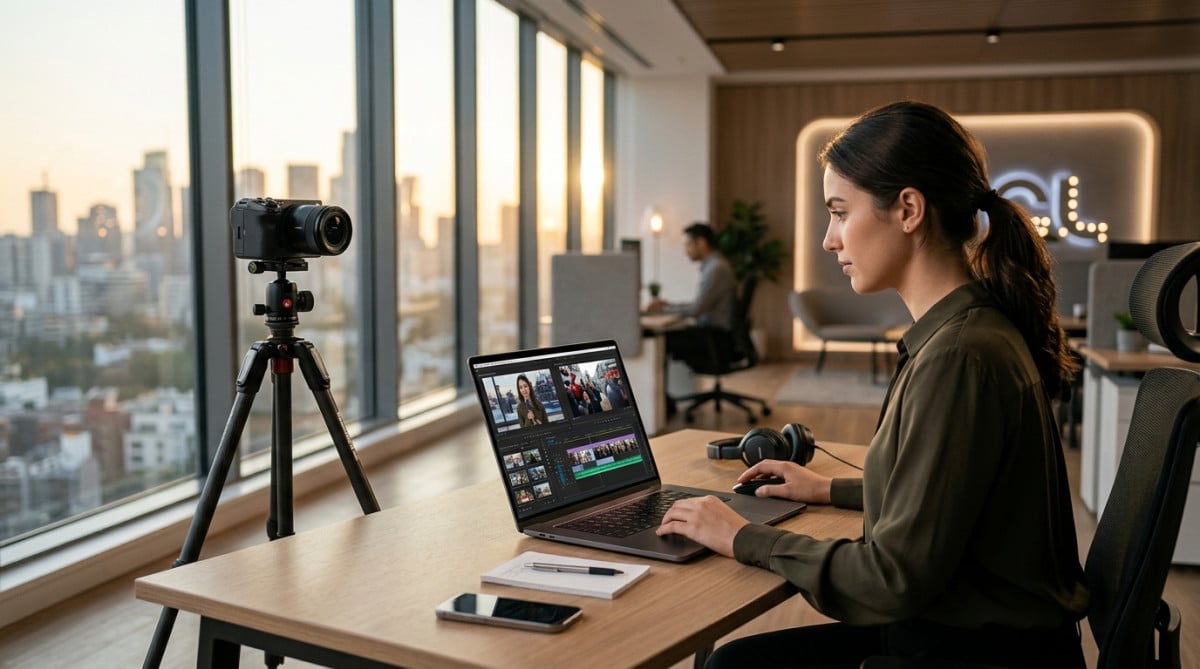 Journaliste montant un reportage sur ordinateur portable moderne