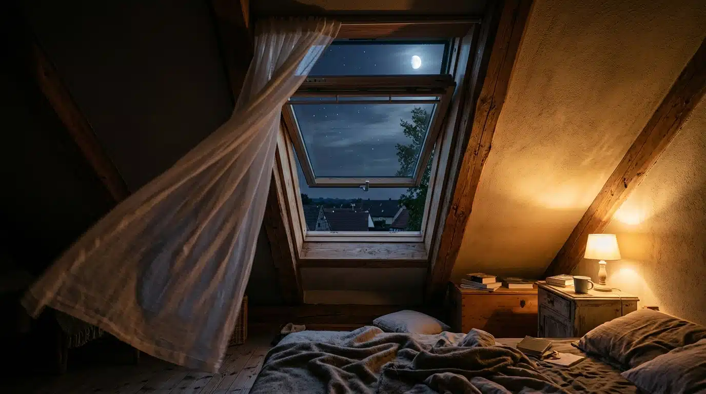 Fenêtre de toit entrouverte la nuit dans des combles