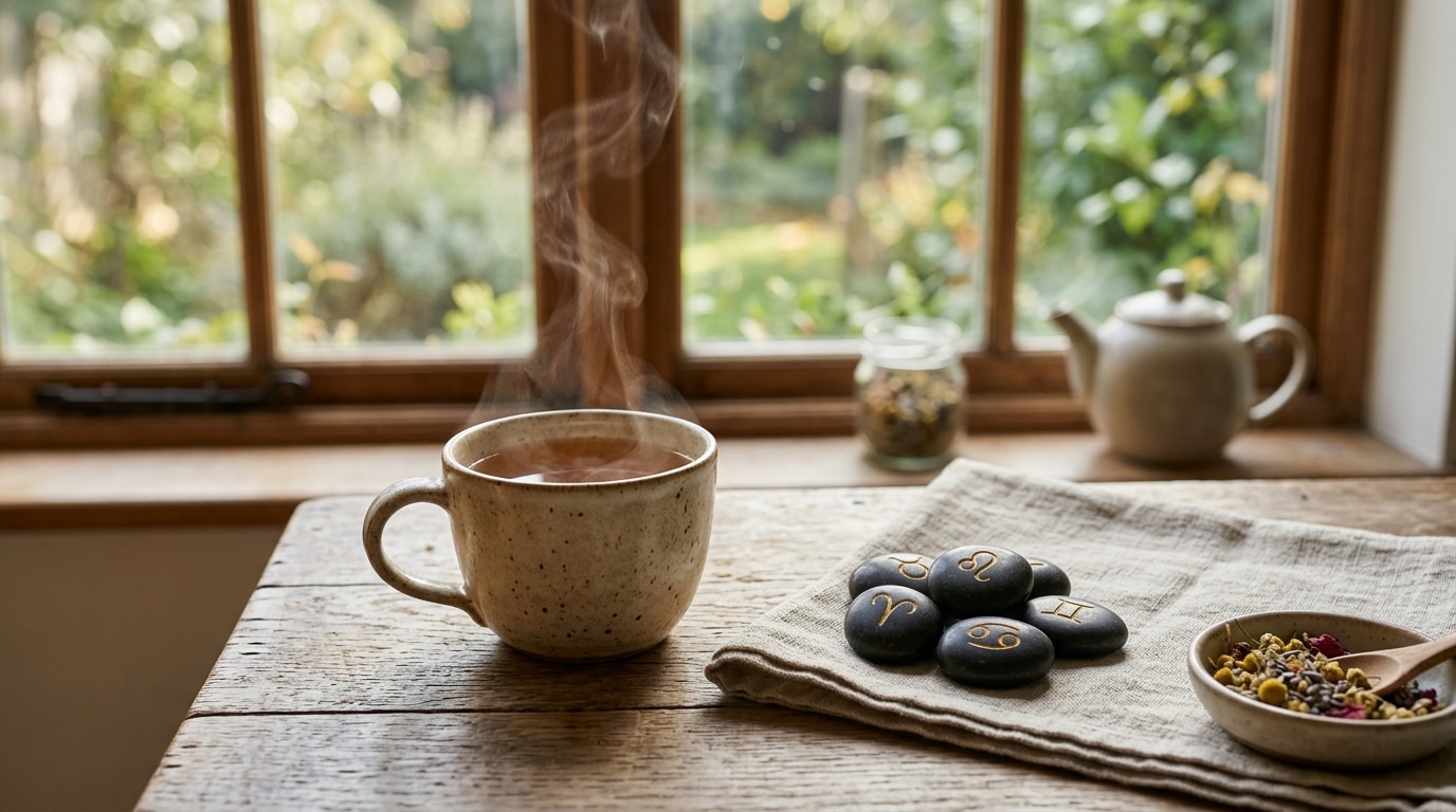 Tasse de tisane et pierres zodiacales sur table en bois