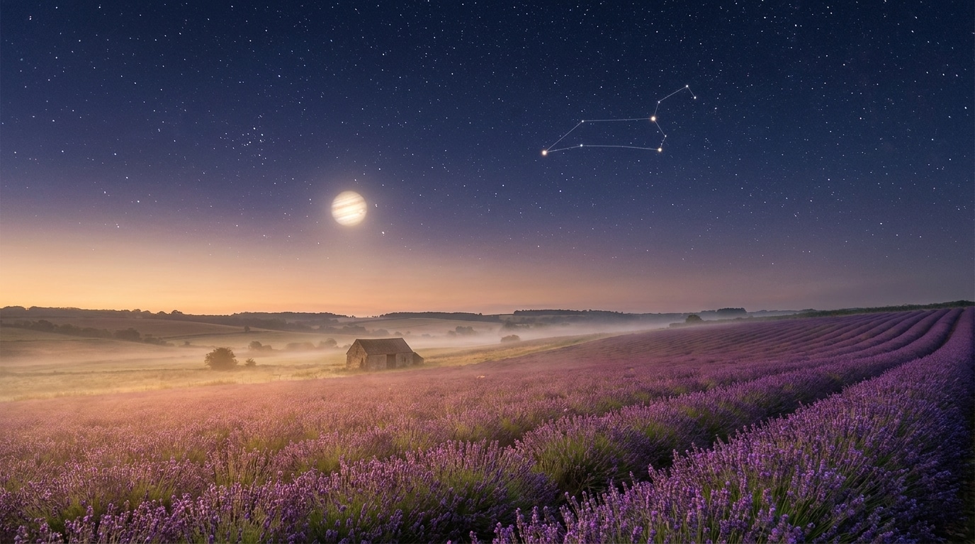 Ciel étoilé avec constellation du Lion et lumière dorée