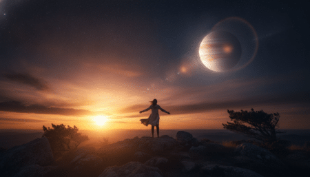 Personne contemplant Jupiter dans un ciel étoilé doré