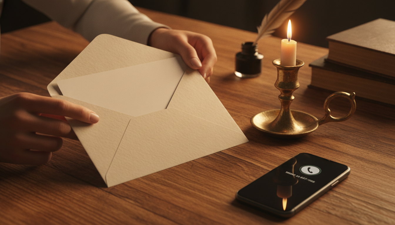 Mains ouvrant une lettre sous une lumière dorée tamisée