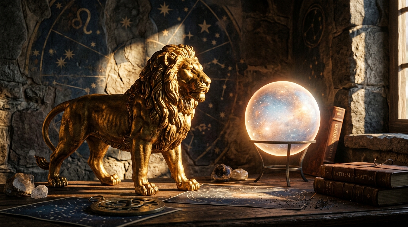 Statue de lion doré sous une lumière céleste dramatique