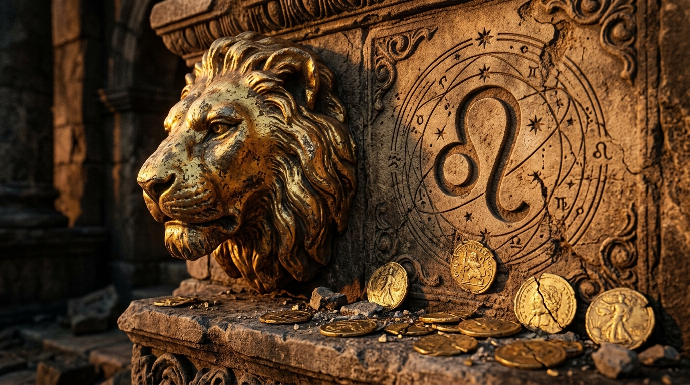 Statue de lion doré et pièces renversées symbolisant l'excès