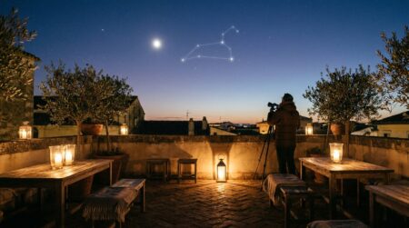 Ciel étoilé avec Jupiter brillant près d'une constellation