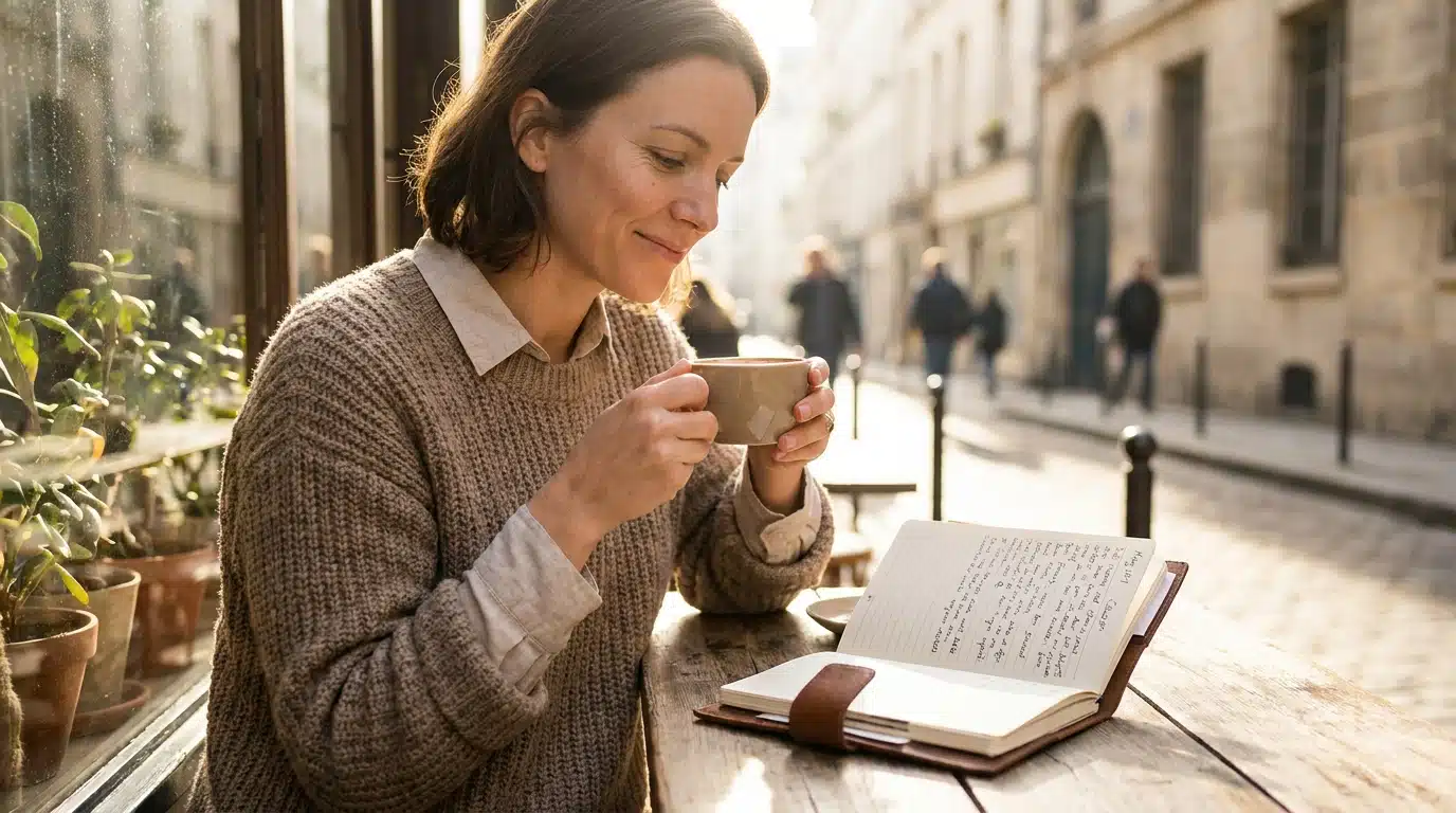 Femme souriante attablée dans un café ensoleillé