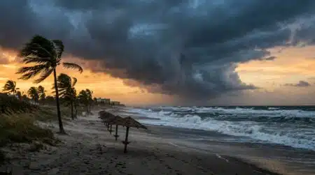 Front de tempête sombre au-dessus d'une plage atlantique