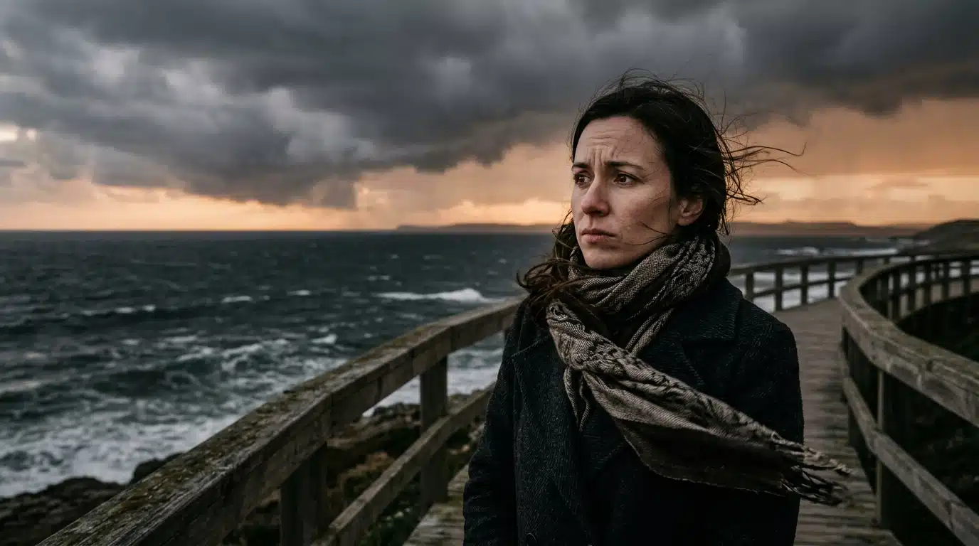 Personne inquiète face au ciel orageux du littoral
