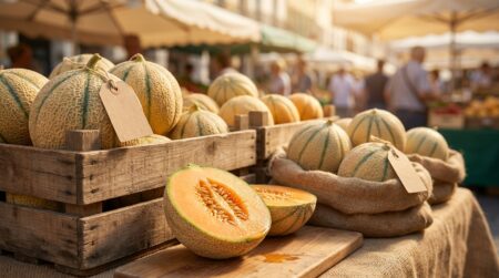 Melons charentais coupés sur un étal de marché ensoleillé