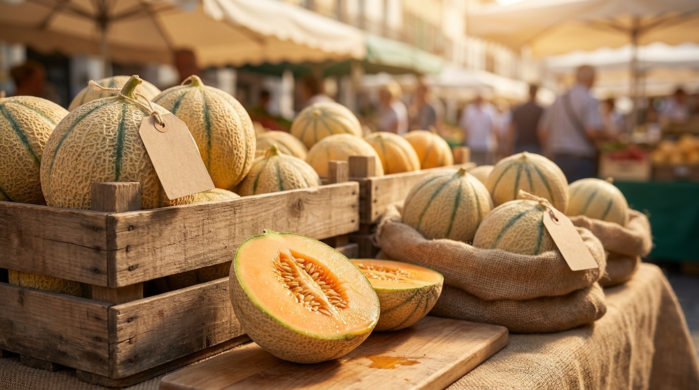 Melons charentais coupés sur un étal de marché ensoleillé