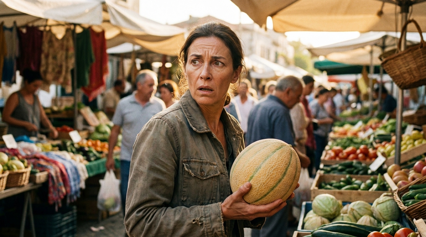 Cliente surprise tenant un melon devant un étal