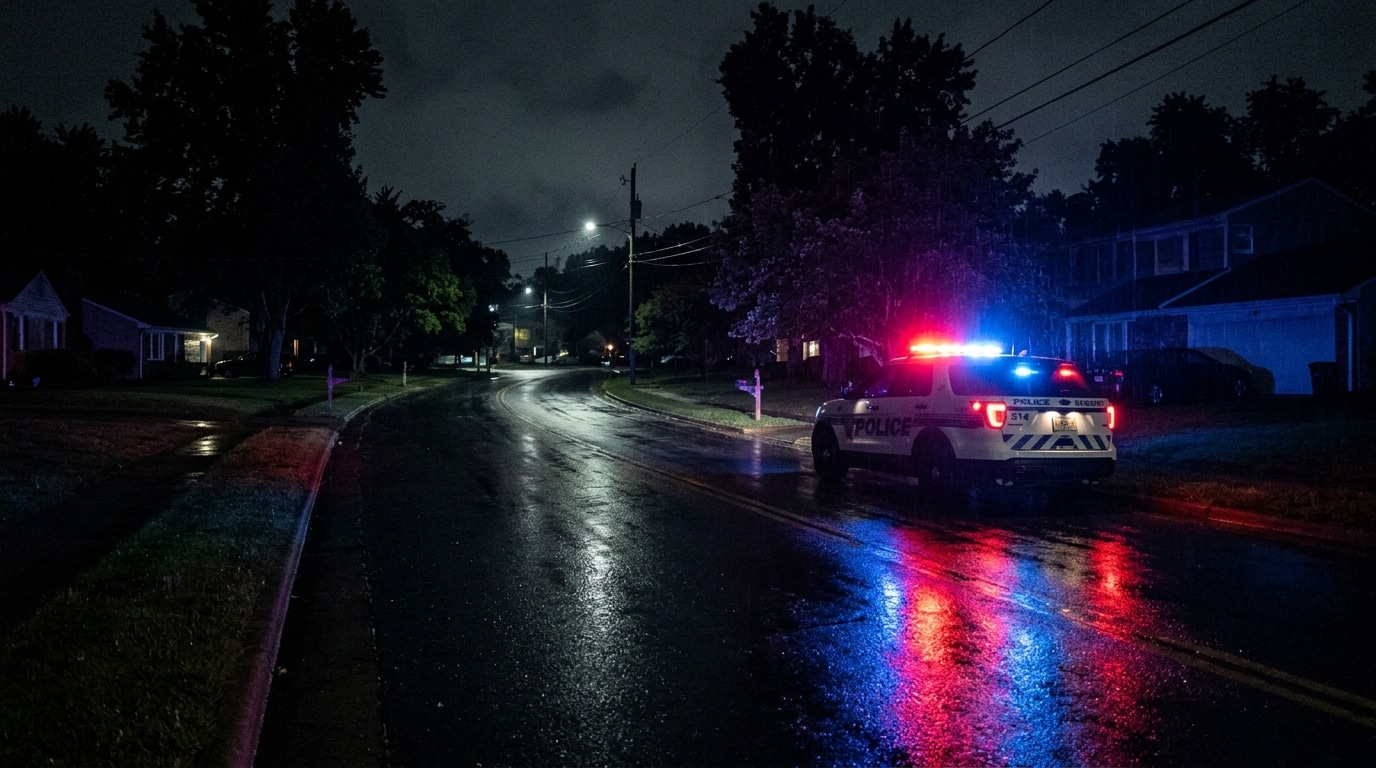 Gyrophares de police la nuit sur une route de banlieue sombre