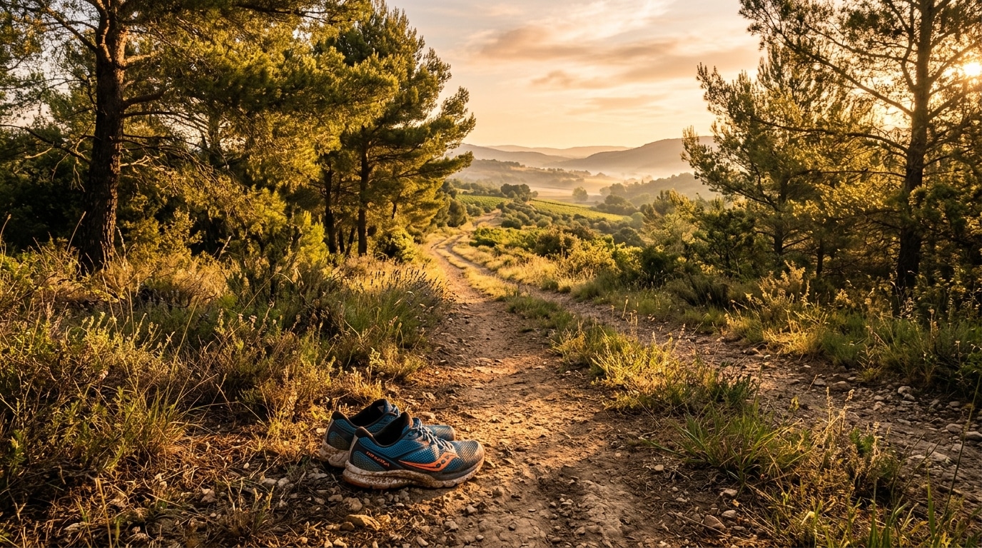 Chemin de campagne ensoleillé près d'Aix-en-Provence au lever du soleil, idéal pour le jogging matinal