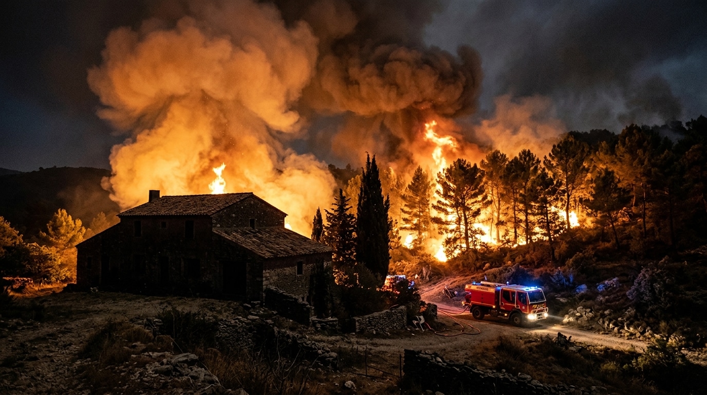 Incendie d'arbres en pleine nuit près d'une propriété provençale