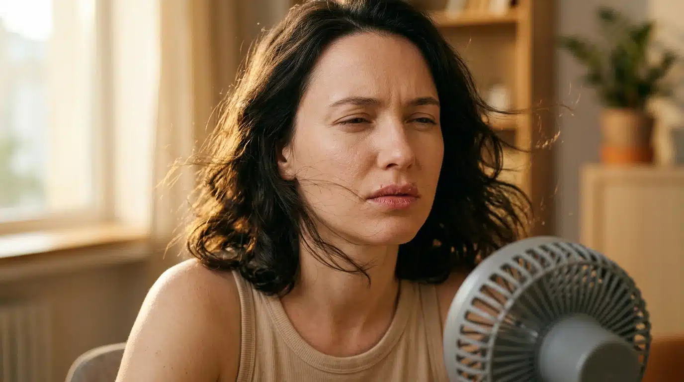 Jeune femme les yeux plissés près d'un ventilateur portable