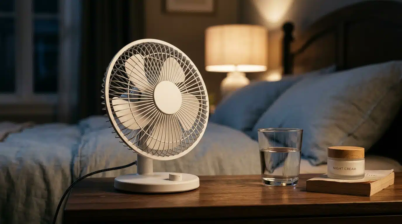 Ventilateur portable sur table de chevet la nuit