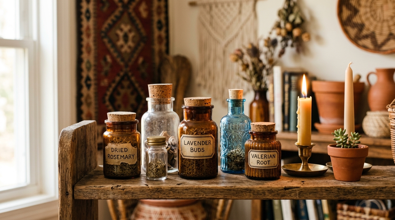 Bocaux en verre vintage exposés sur une étagère dans un intérieur bohème