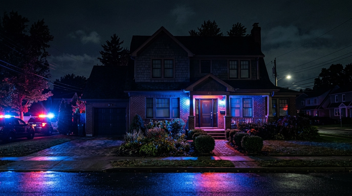 Lumières de police bleues et rouges la nuit devant une maison de banlieue, ambiance dramatique